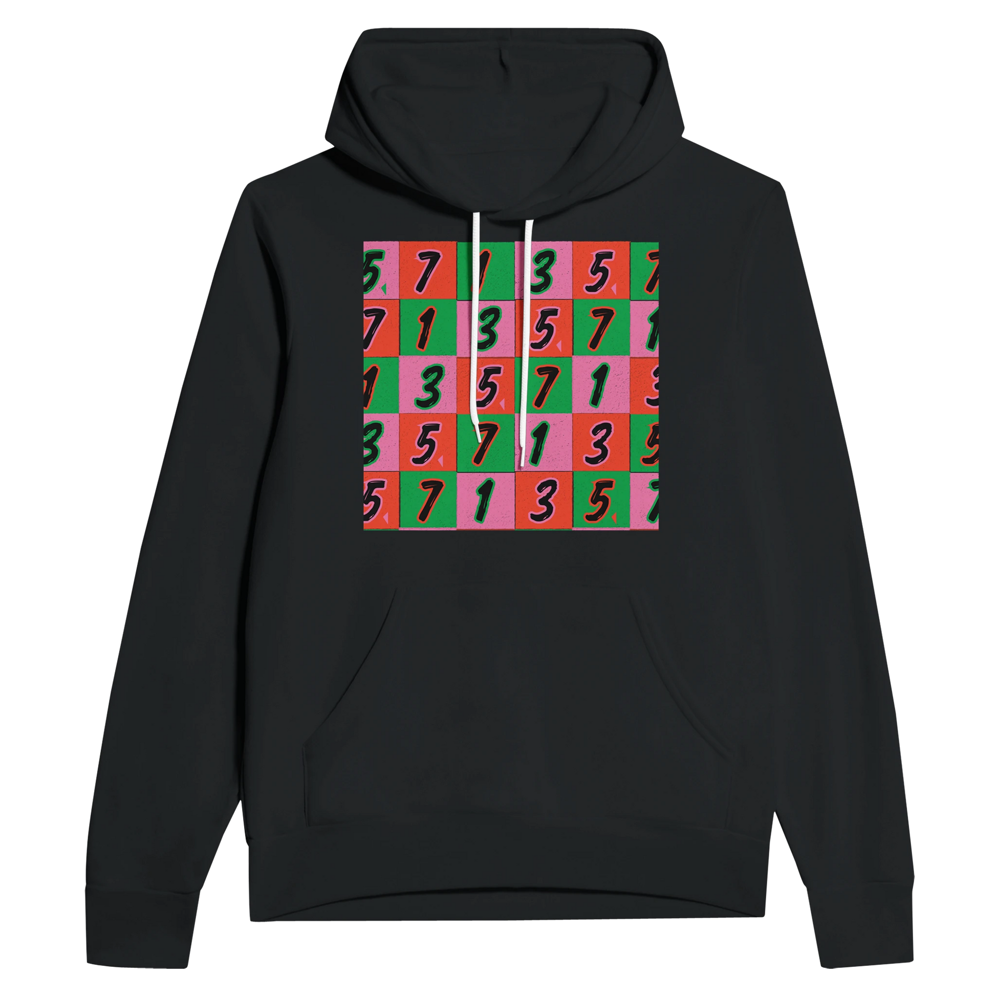 Black unisex pullover hoodie featuring a bold checkerboard design with the numbers 1, 3, 5, and 7 in vibrant red, pink, and green blocks—designed by @flymadelene for the Real Talk. Real Talent. capsule by Hit Zero Co.