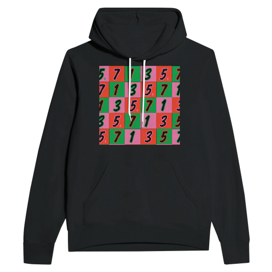 Black unisex pullover hoodie featuring a bold checkerboard design with the numbers 1, 3, 5, and 7 in vibrant red, pink, and green blocks—designed by @flymadelene for the Real Talk. Real Talent. capsule by Hit Zero Co.