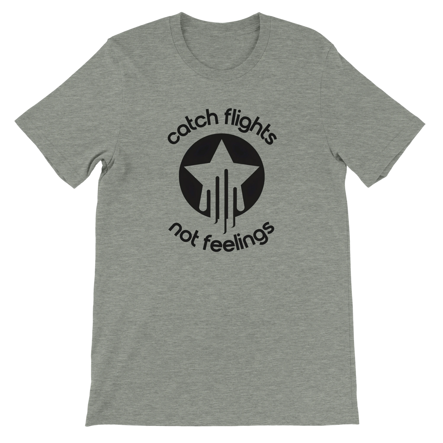 Athletic heather unisex t-shirt with a bold black graphic that reads “catch flights not feelings” curved around a star and streak icon, printed on the chest.