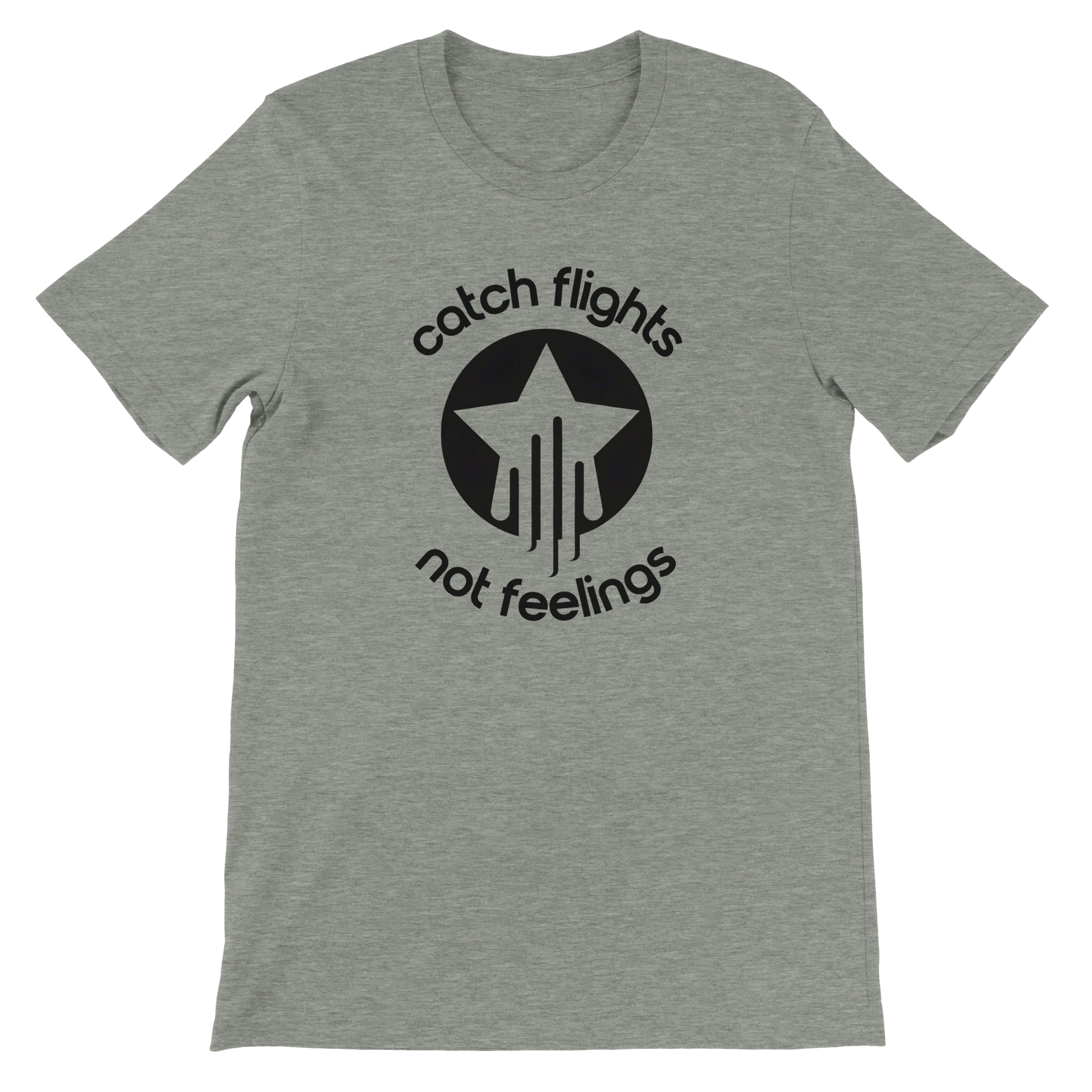 Athletic heather unisex t-shirt with a bold black graphic that reads “catch flights not feelings” curved around a star and streak icon, printed on the chest.